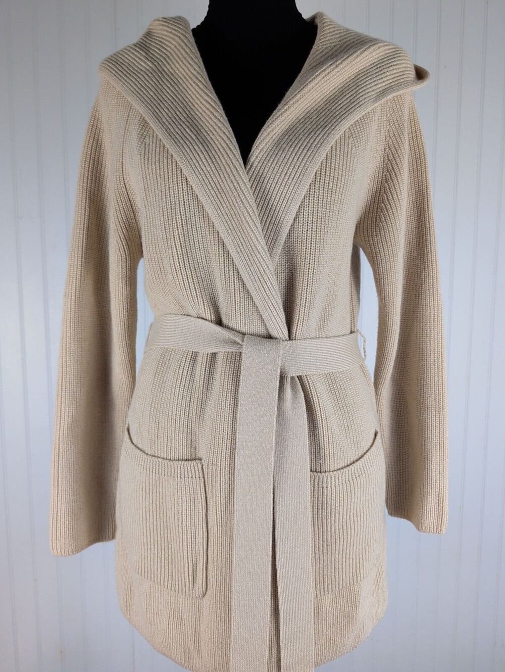 Max Mara Leisure Nava Belted Ribbed Knit Hooded Wool Cardigan Beige Lux Small